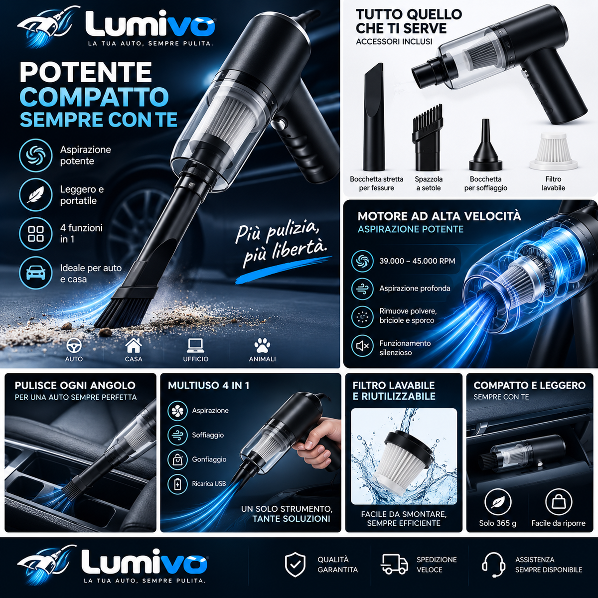Lumivo aspiratore portatile per auto - caratteristiche e accessori