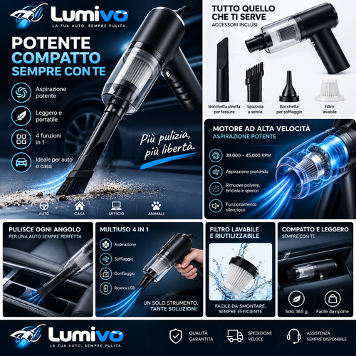 Lumivo aspiratore portatile per auto - caratteristiche e accessori